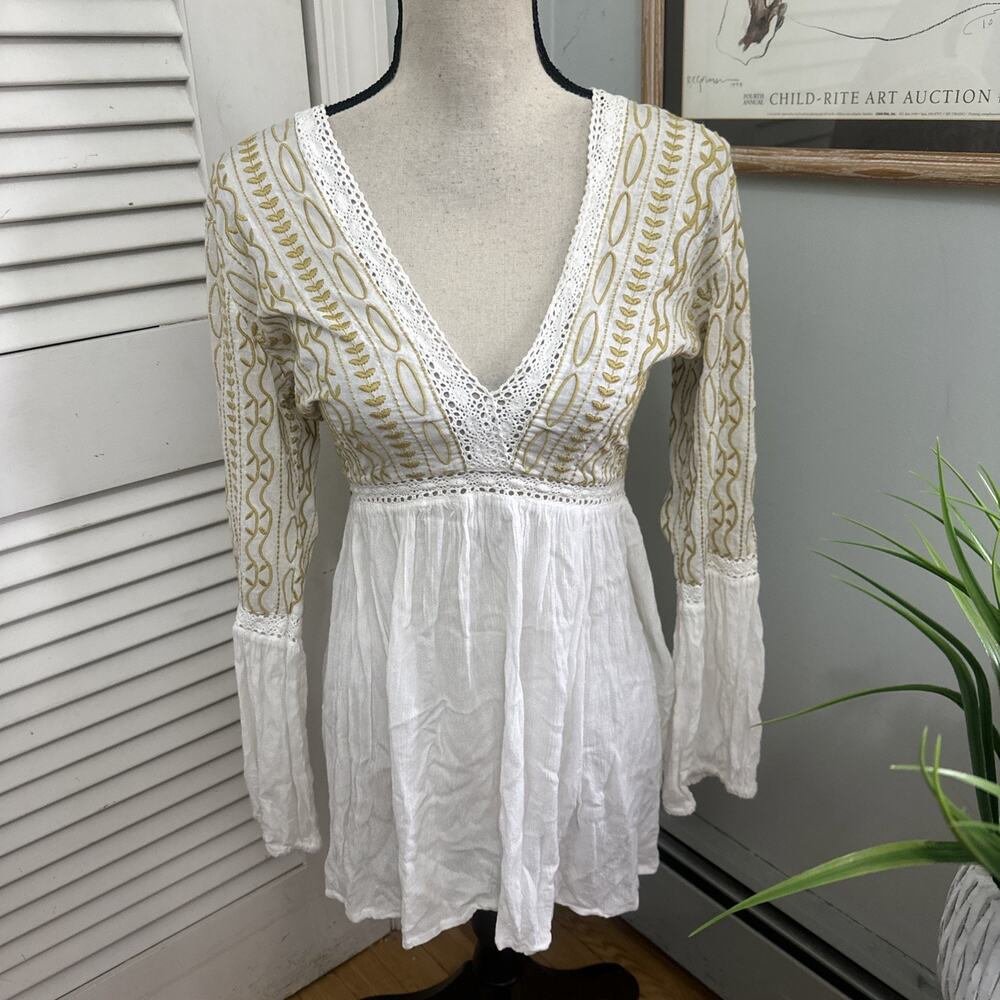 Guadalupe Designs Tunic Womens Medium White Embroidered Babydoll Boho Festival